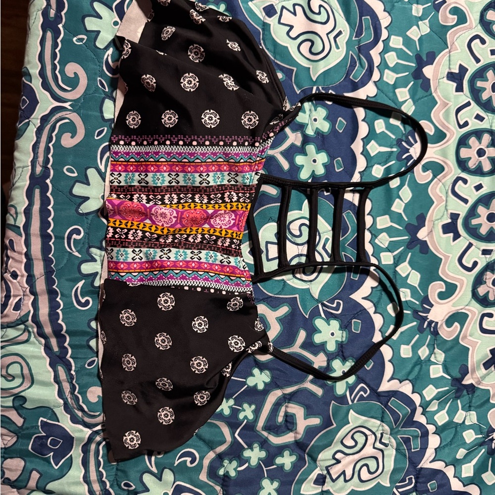 Black and Multicolor Strappy Bikini Top